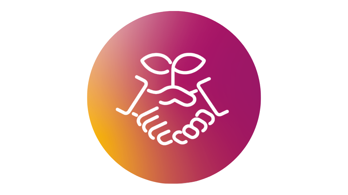 Rond logo met gradiënt en witte handen die een plantje vasthouden