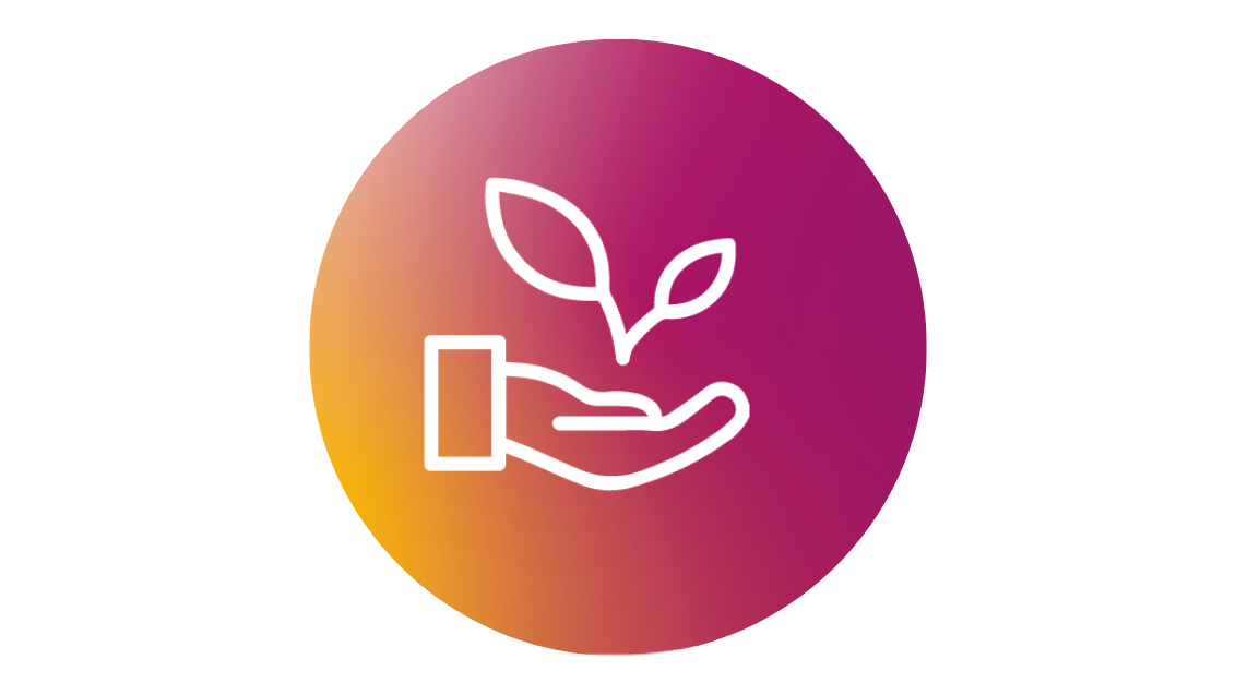 Logo met witte hand en plantje in paarse cirkel met geel verloop