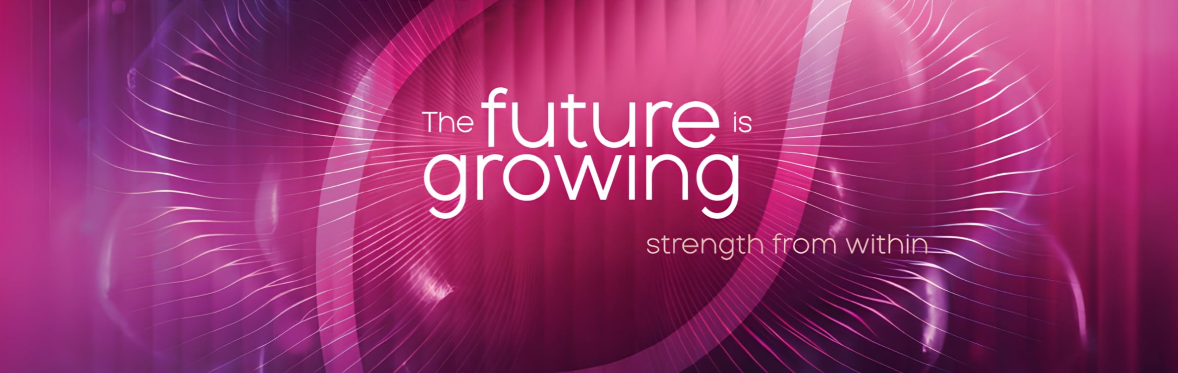 Roze abstracte golfvormen met tekst “future growing” en “the strength of networks”.