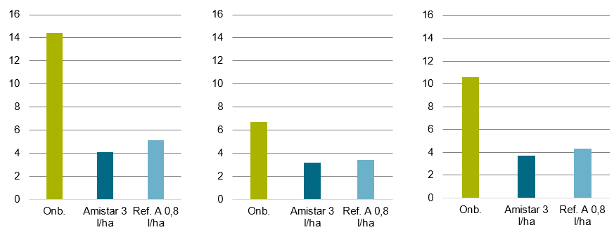 Rhizoctonia index werking Amistar op Rhizoctonia vergeleken met Ref A