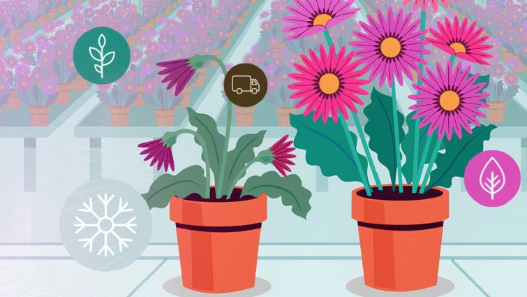 Twee potplanten met roze bloemen op vensterbank, met pictogrammen eromheen.
