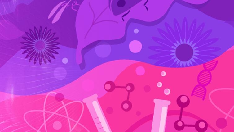Paarse en roze wetenschappelijke illustratie met DNA, moleculen en reageerbuizen