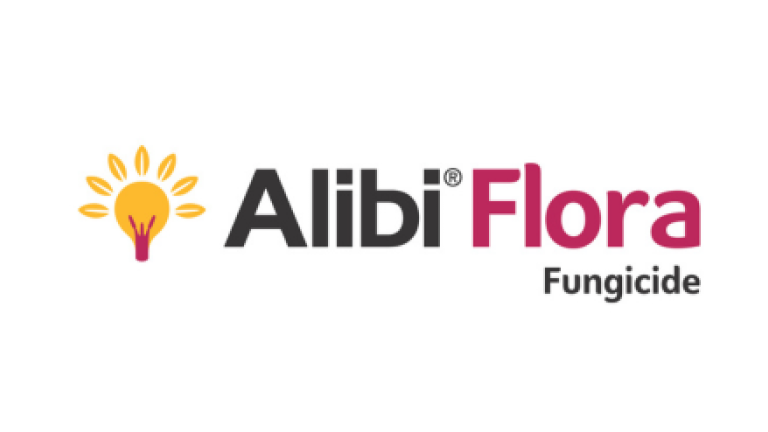 Logo Alibi Flora fungicide met geel lampicoon en roze Flora-tekst