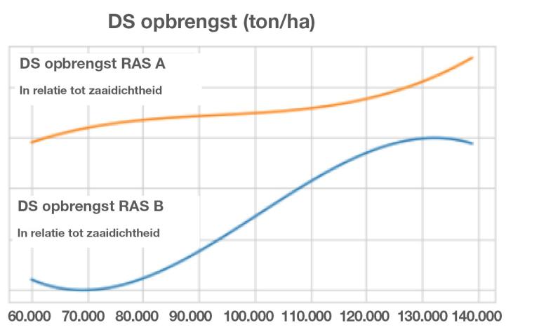 DS opbrengst bij verschillende zaaidichtheden mais