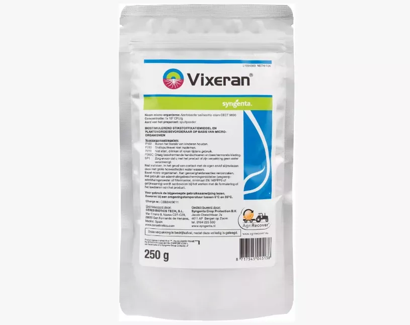 Verpakking Vixeran poeder, 250 g, met wit etiket en blauwe accenten